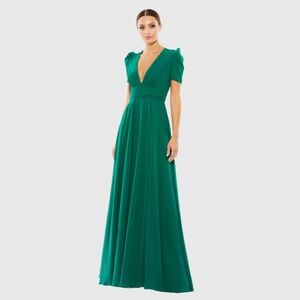 Mac Duggal Deep Teal (Emerald Green) V-Neck Puff Sleeve Maxi Dress